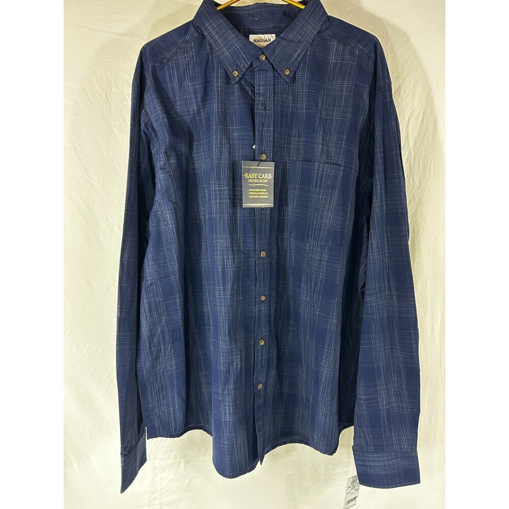 Haggar Men’s Plaid Long Sleeve Button Up Shirt Blue 2XLT Easy Care NWT $65